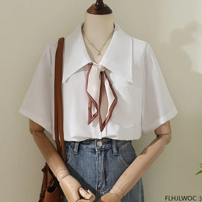 Cralom Women's White Button-Up Bow Tie Blouse