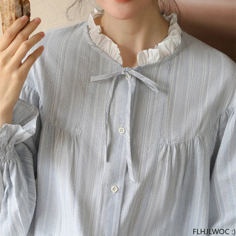 Cralom Sweet Girls Blue Stripe Button Shirt - Preppy Style Chic Stand Collar Blouse