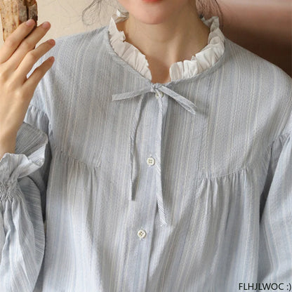 Cralom Sweet Girls Blue Stripe Button Shirt - Preppy Style Chic Stand Collar Blouse