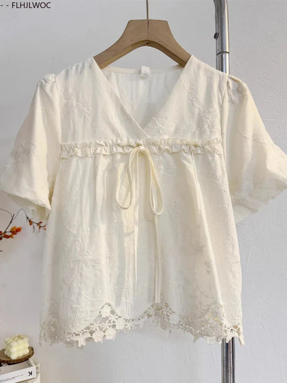 Cralom Cute Bow Tie Lace Blouse Japanese Style Summer Top
