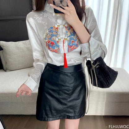 Cralom Stand Collar Bow Tie Embroidery Blouse - Chic Retro Vintage Button White Shirt