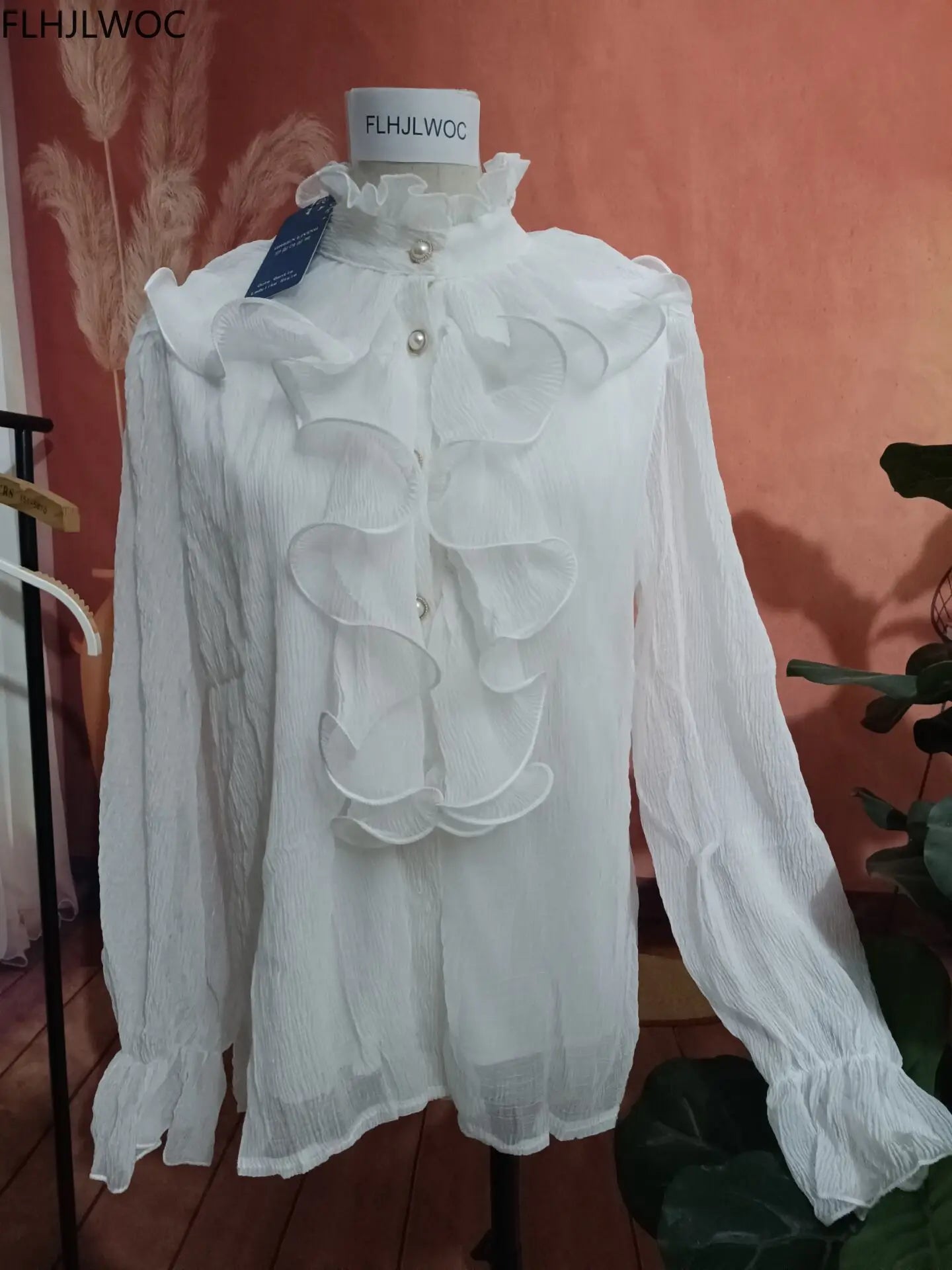 Cralom Ruffled White Long Sleeve Shirt - Elegant Office Lady Blouse
