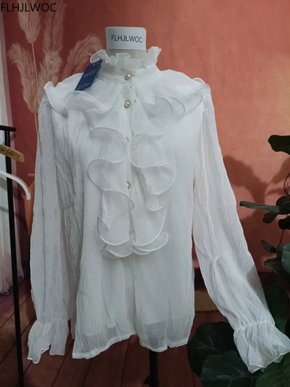Cralom Ruffled White Long Sleeve Shirt - Elegant Office Lady Blouse