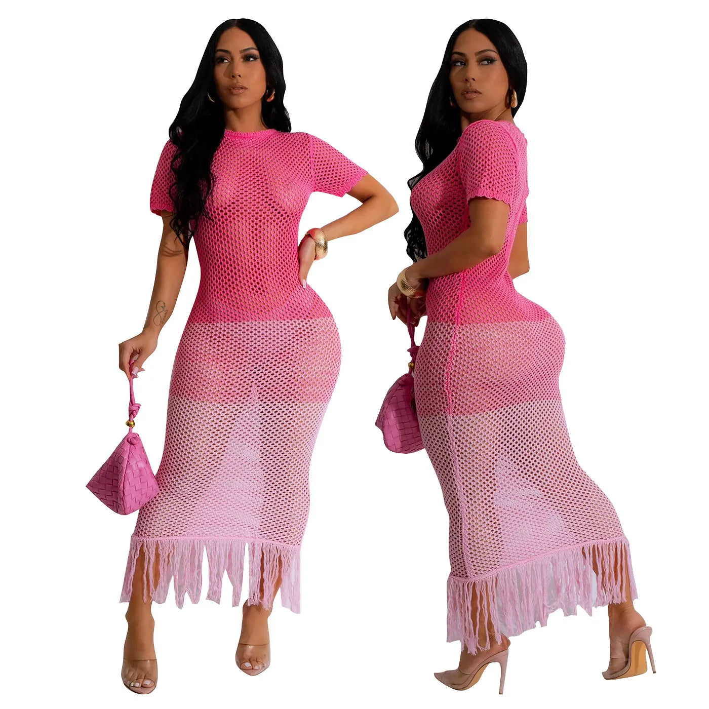 Cralom Gradient Color Short Sleeve Hollow Mesh Knitted Beach Skirt