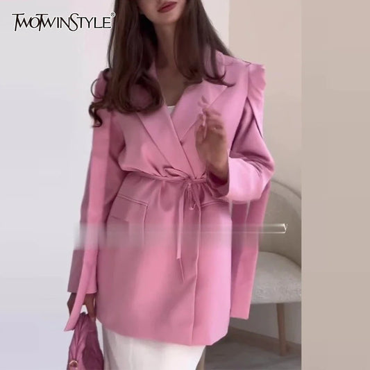 Cralom Spliced Lace Up Loose Jacket - Stylish Lapel Design