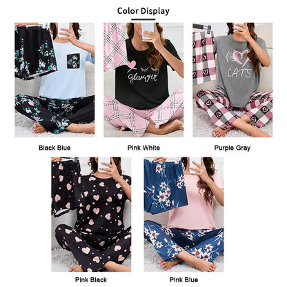 Cralom Women's Heart Print Pajama Set with Short-Sleeve Top, Shorts & Long Pants