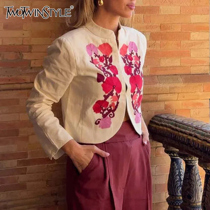 Cralom Embroidery Short Jackets O Neck Long Sleeve Coats Female