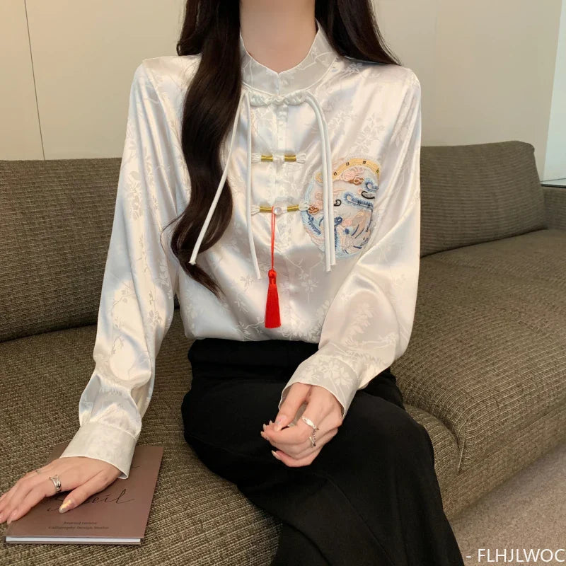 Cralom 2024 Spring Stand Collar Bow Tie Embroidered Blouse Vintage Button Shirt
