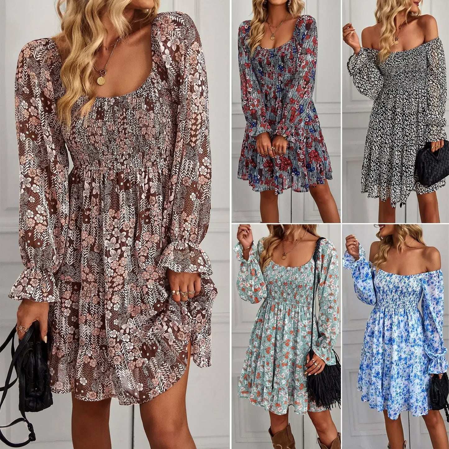 Cralom Floral Square Neck Long Sleeve Dress for Spring/Summer 2024