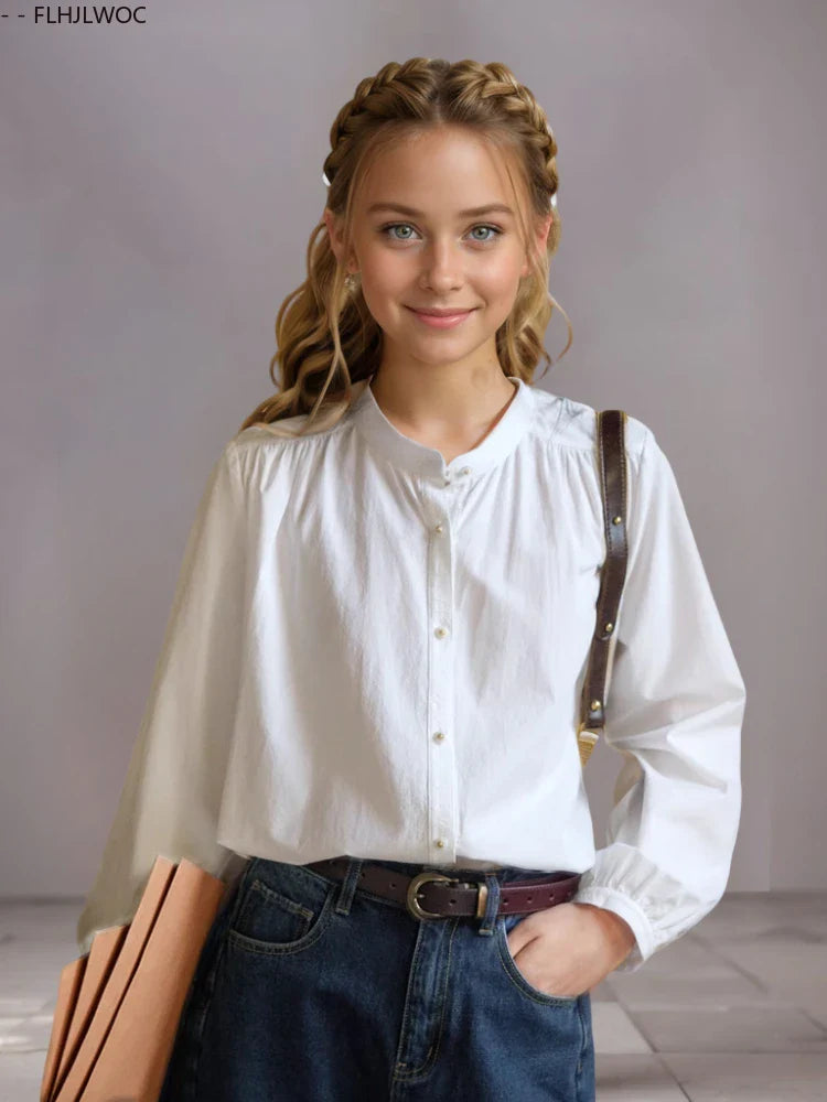 Cralom Green Button Vintage Style Long Sleeve Blouse for Girls