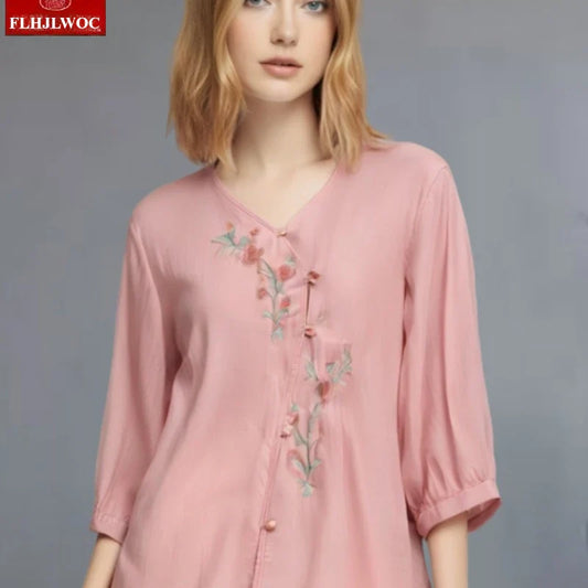 Cralom Floral Print Cotton Linen Blouse.Country Style Rustic Top for Mori Girls