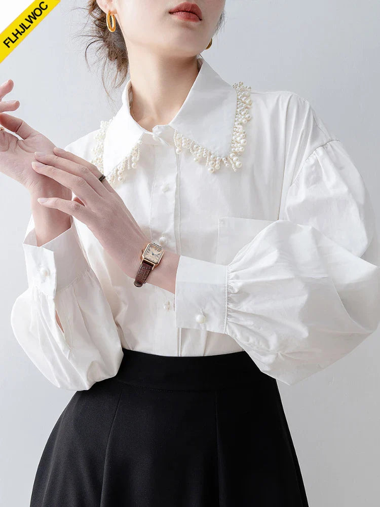 Cralom Ruffled White Blouse with Pockets & Beaded Detail