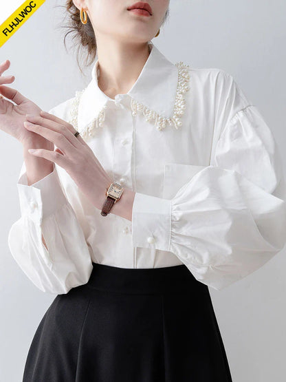 Cralom Ruffled White Blouse with Pockets & Beaded Detail