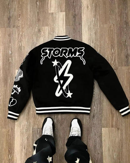 Cralom Geometric Letters Flocking Baseball Uniform Men Y2K Jacket