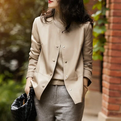 Cralom Women's High Quality Leather Bomber Jacket Fashion Coats