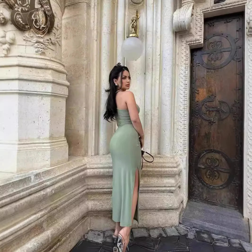 Cralom Summer Solid Color Shoulder Slit Dress