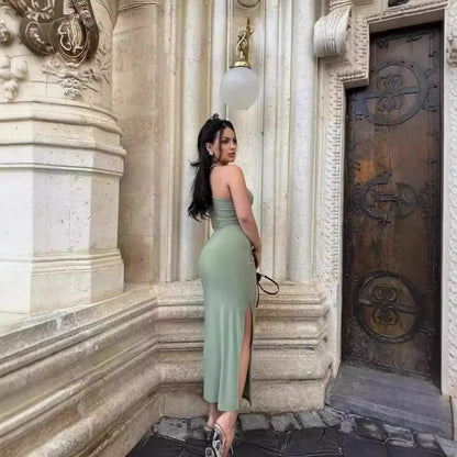Cralom Summer Solid Color Shoulder Slit Dress
