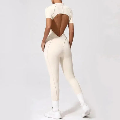 Cralom Seamless Front-Zip Short Sleeve Sports Jumpsuit