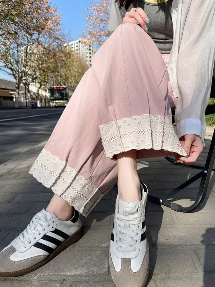 Cralom Lace Pocket High Waist Harem Pants Casual Korean Capris Vintage Style