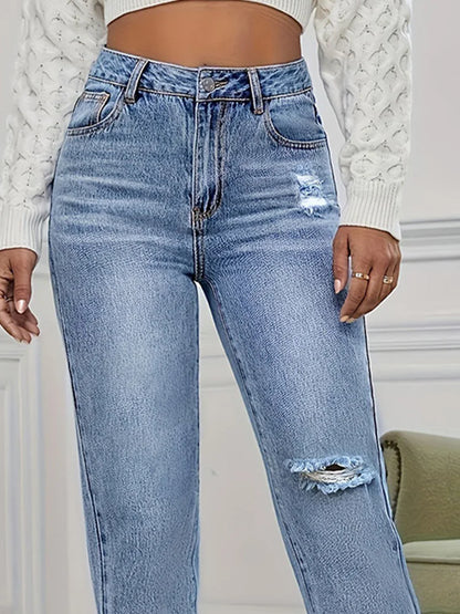 Cralom High Waist Distressed Blue Jeans Women's Streetwear Slim Fit Pencil Pants