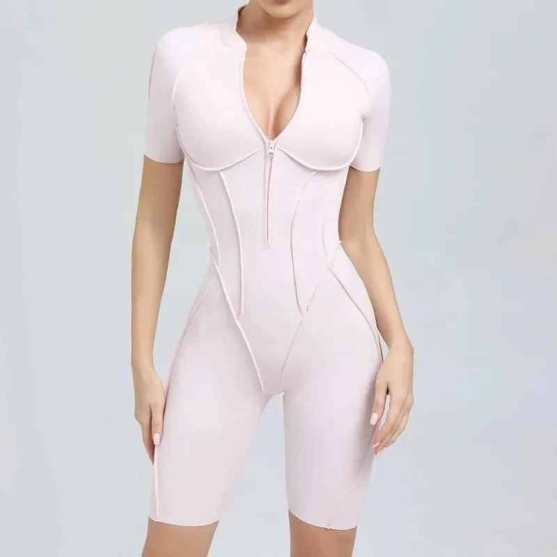Cralom Zip Front Short Sleeve Jumpsuit - Summer Workout Activewear