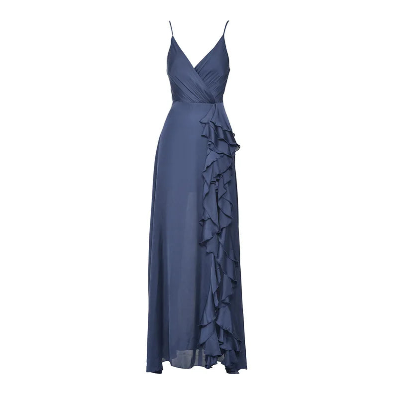Cralom Summer Maxi Skirt Dress with Ruffle V-neck and High Waist