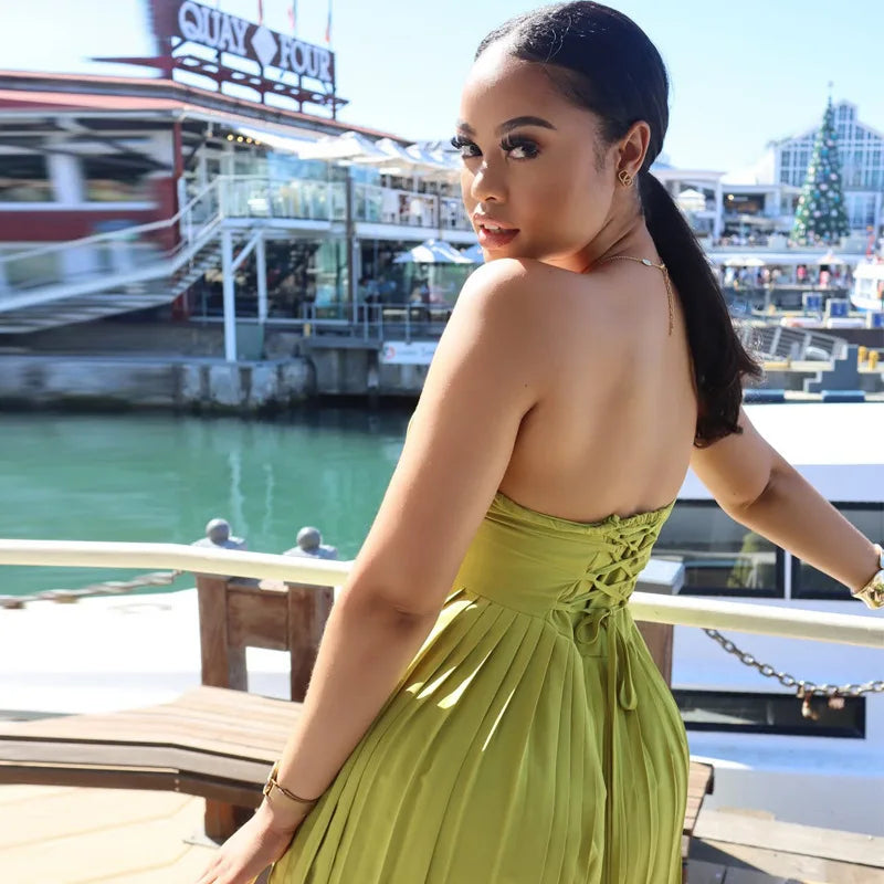 Cralom Solid Color Sleeveless Strapless Pleated Summer Dress