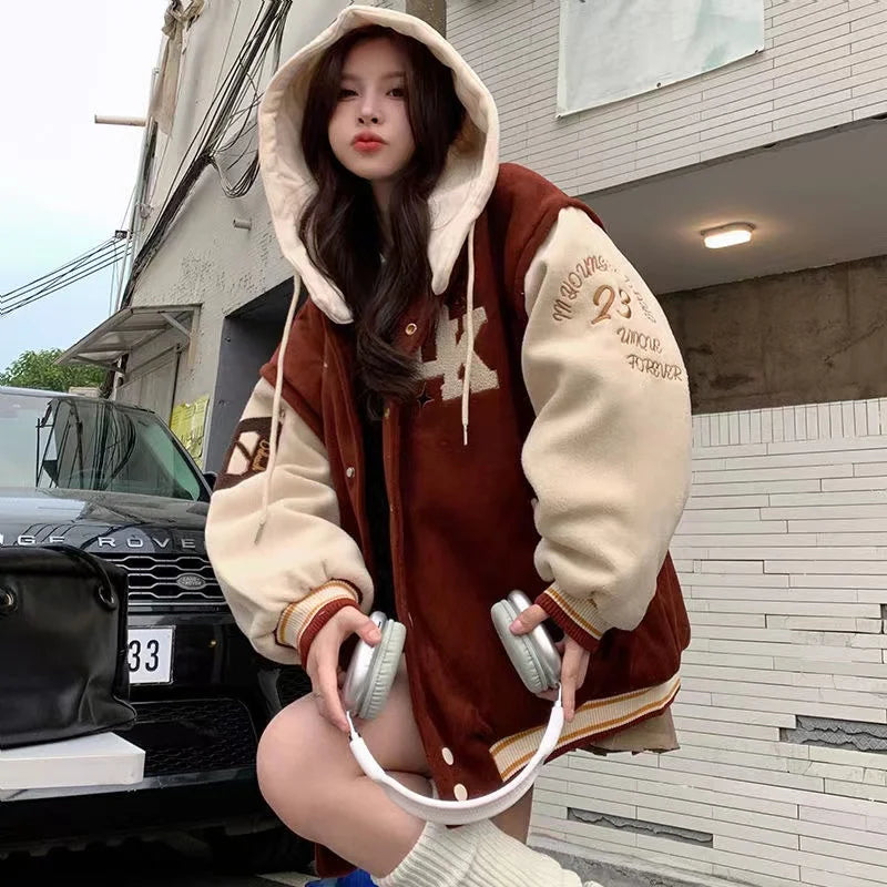 Cralom Flocking Hooded Jacket: Y2K Street Fashion Baseball Style Coat