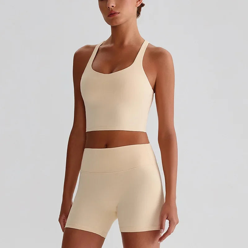 Cralom Naked Feel Yoga Set: Backless Top & Peach Booty Shorts