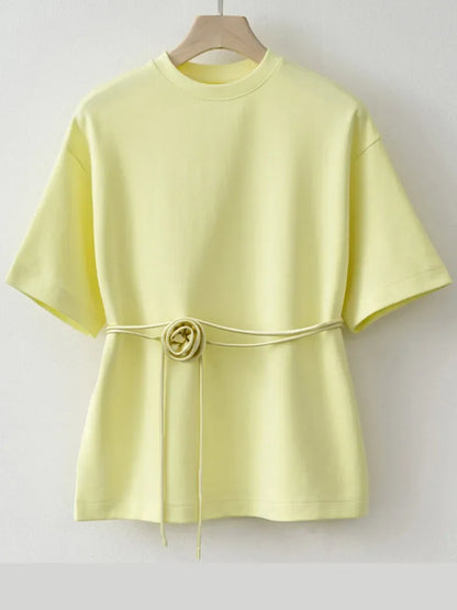 Cralom Lace Up Flower Shirt - Short Sleeve O-Neck Spring Outwear