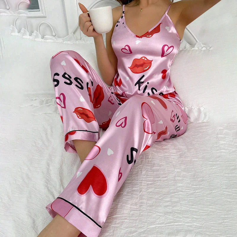 Cralom Women's Satin Floral Pajama Set - Spaghetti Strap Top, Long Pants Sleepwear