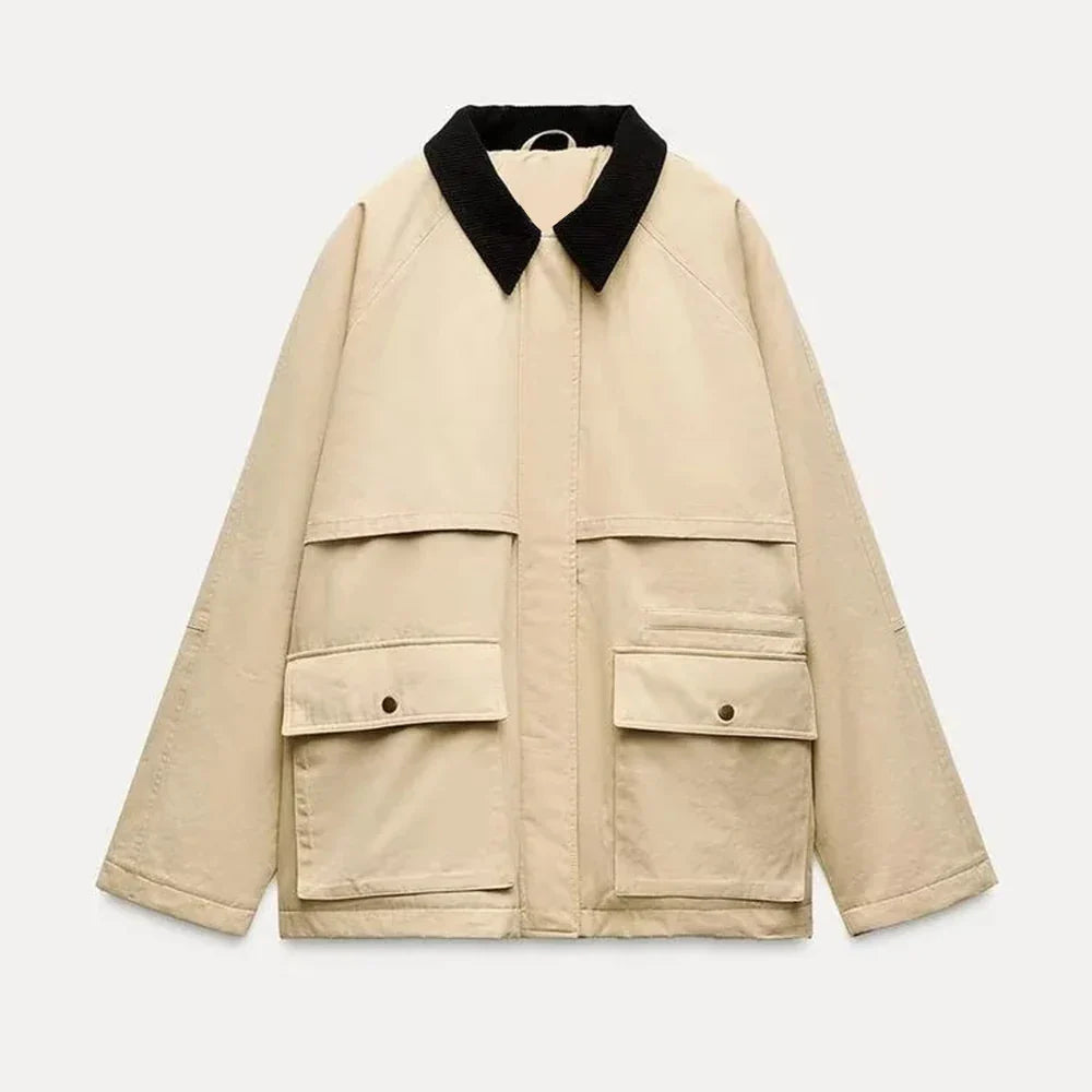 Cralom Spliced Pockets Jacket, Loose Fit, Long Sleeve, Lapel, Minimalist Style