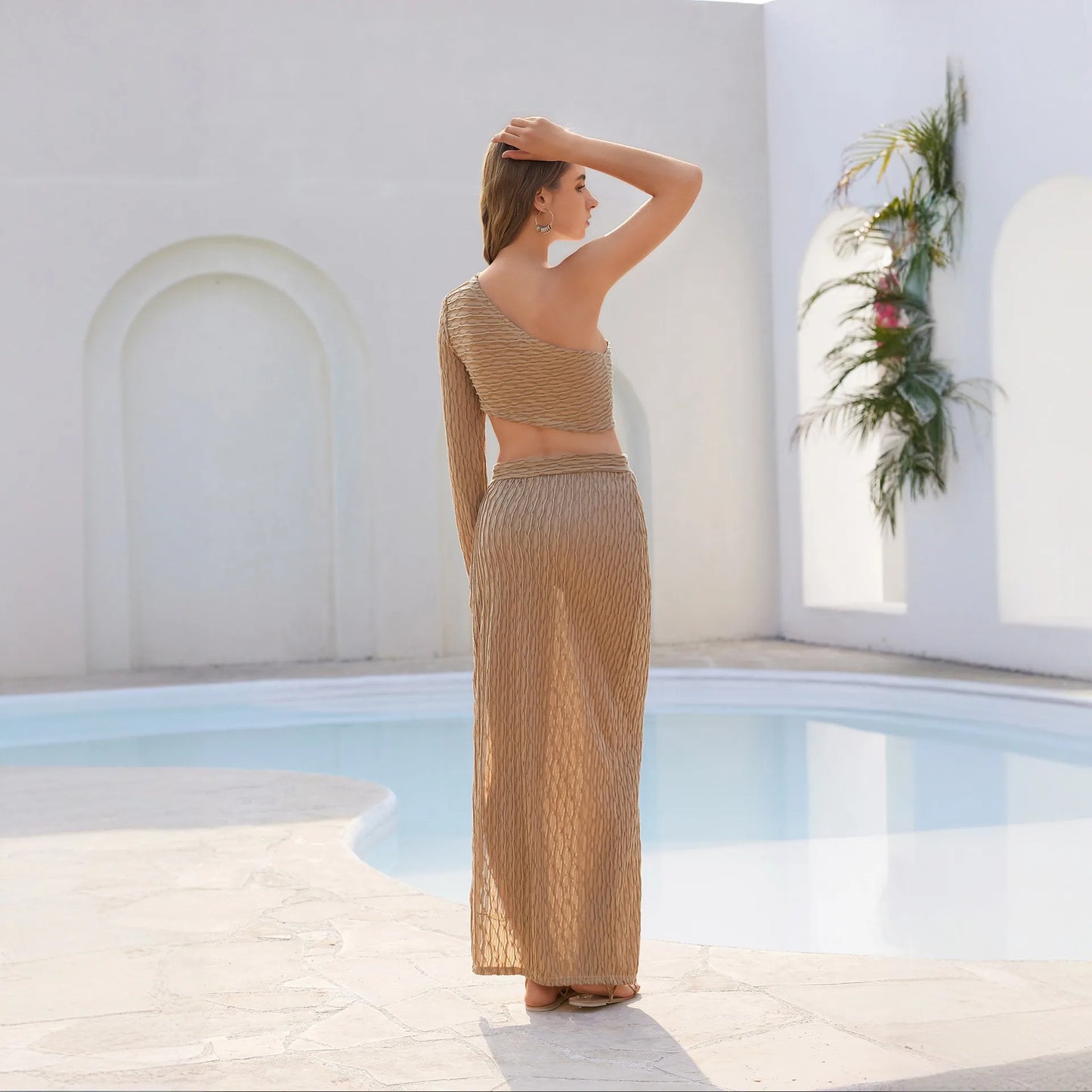 Cralom Slant Neck Top Set Solid Color Dress for Women