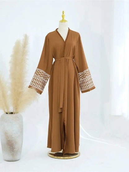 Cralom Ramadan Eid Embroidered Kimono Abaya - Elegant Muslim Kaftan Dress