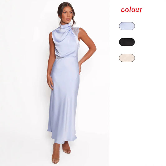 Cralom Solid Color Lace Dress with Hanging Neck and Waist for Women