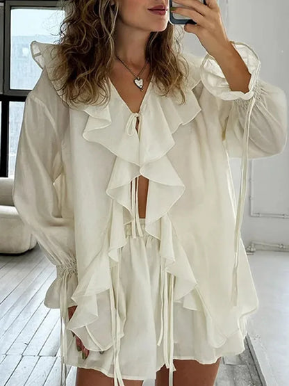 Cralom V Neck Ruffle Lace Up Shorts Set - 2025 Summer Fashion