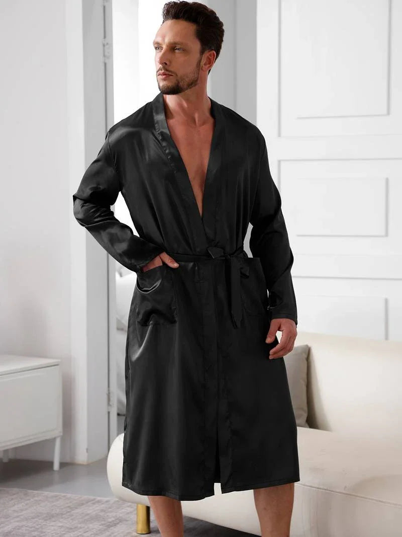 Cralom Men's V-Neck Pajama Set: Black Suit with Robe and Shorts for Relaxing Sleep