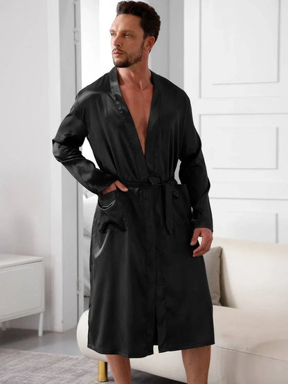 Cralom Men's V-Neck Pajama Set: Black Suit with Robe and Shorts for Relaxing Sleep