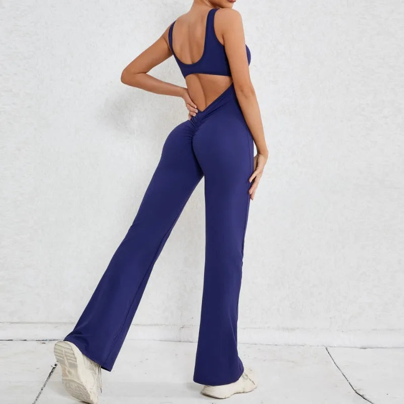 Cralom Cutout Back Yoga Jumpsuit - Booty Lifting Slim Fit Flare Leg