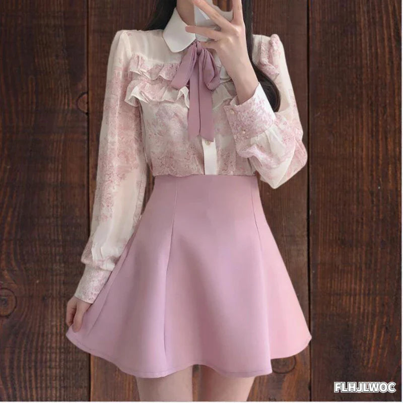 Cralom Ruffled Bow Tie Tops Pink White Blouses
