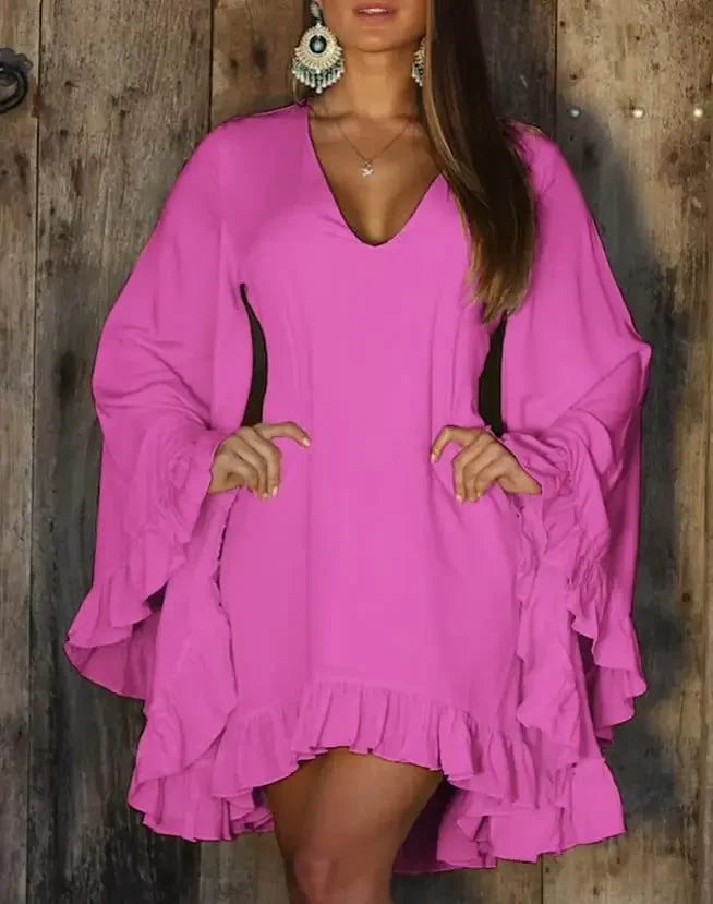 Cralom Sweet Ruffle Hem Bell Sleeve V-Neck Long Sleeve Dress