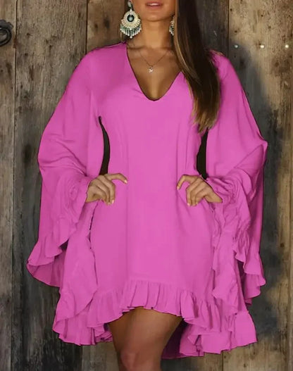Cralom Sweet Ruffle Hem Bell Sleeve V-Neck Long Sleeve Dress