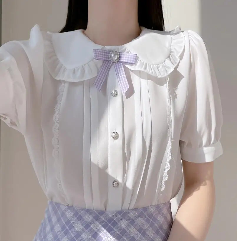 Cralom Ruffled Lace Blouse: Stylish White Button-Down Shirt for Office Ladies