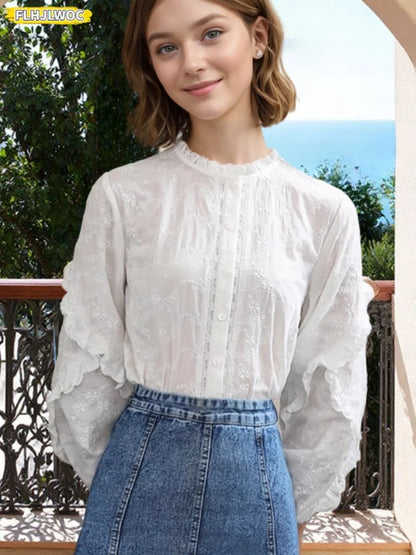 Cralom Embroidery Tops: 2025 New Sweet Long Sleeve Women's Cotton Shirt