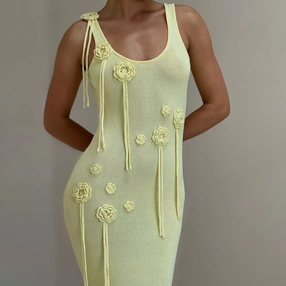 Cralom 2025 Summer Sleeveless Dress with Knitted 3D Flower Craft