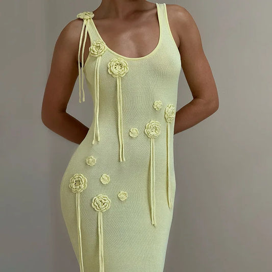 Cralom 2025 Summer Sleeveless Dress with Knitted 3D Flower Craft