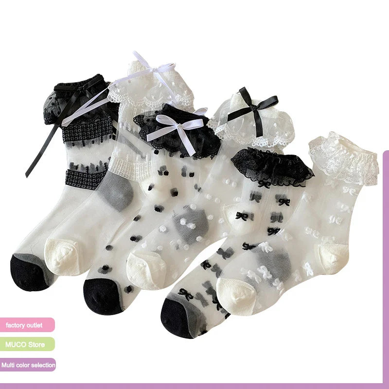 Cralom Lace Mid Tube Socks for Kids in Sweet Polka Dots
