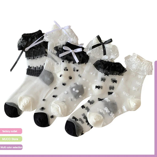 Cralom Lace Mid Tube Socks for Kids in Sweet Polka Dots