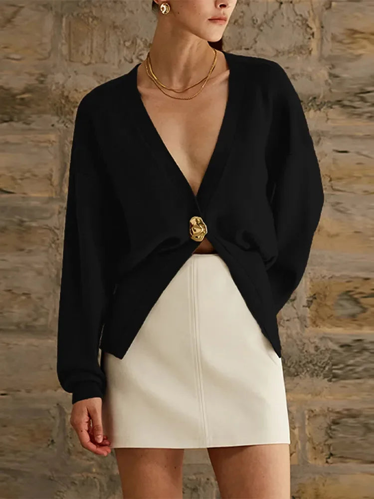 Cralom Deep V-Neck Knitted Cardigan: Elegant Metal Button High Streetwear Top