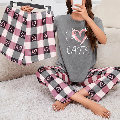 Cralom Women's Heart Print Pajama Set with Short-Sleeve Top, Shorts & Long Pants
